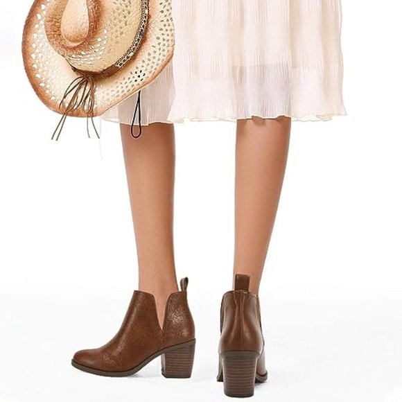 Womens Cut Out Ankle Boots Chunky Stacked Heel Almond Toe Slip on Western Bootie - Picture 2 of 5